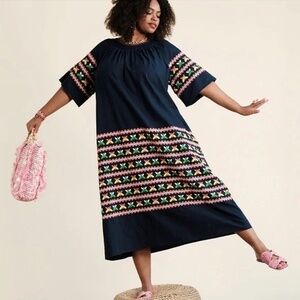 NWT Frances Valentine Butterfly Navy Embroidered MidiDress Caftan Size 18, 2x 3x
